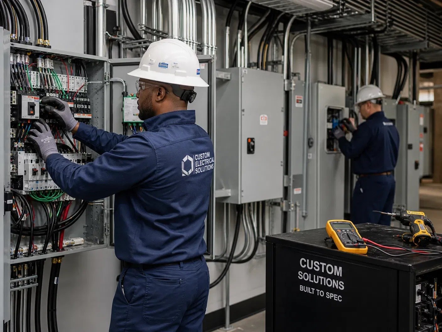Eletricista trabalhando em painel elétrico de cabine primária e secundária